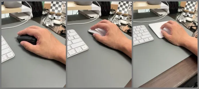 (좌)M720, (중앙)매직마우스, (우)매직트랙패드 비교 사진